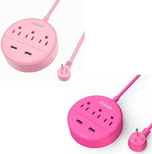 Rózsaszín elosztó USB, NTONPOWER Lapos Dugó Hosszabbító Kábel 5ft Éjjeliszekrény, Asztali Töltő Állomás, 3 Aljzatból, 2 USB, Falra Szerelhető,