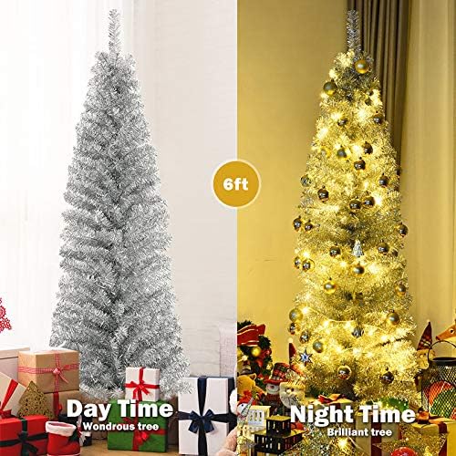 Goplus 6ft Ezüst Ceruza karácsonyfa, Mesterséges Karcsú Fa, a Galván Technológiai, Karácsonyi Dekoráció, Beltéri valamint Kültéri