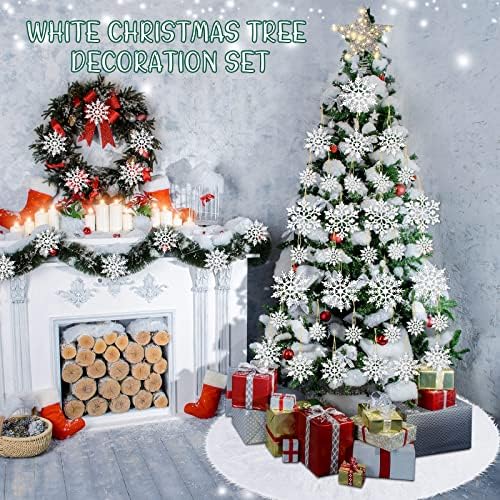 Hanaive karácsonyfa Dekoráció Készlet 48 Hüvelyk Fehér Plüss műszőrme karácsonyfa Szoknya, 36 Db Csillogó Műanyag Hópelyhek, Csillag csúcsdíszt