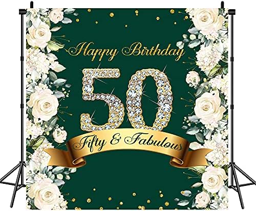 6×6 láb Boldog 50-ik Születésnapját Hátteret a Nők Olíva Zöld Ötven Mesés Születésnapi Party Fotózás Háttér, Fehér Virágos, Zöld Ezüst, Csillogó