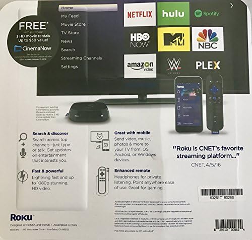 Roku 3 Streaming Media Player (4230R), A Voice Search (2015 modell) a Csomagban HDMI Kábel 3 HD Film Kölcsönzők a CinemaNow