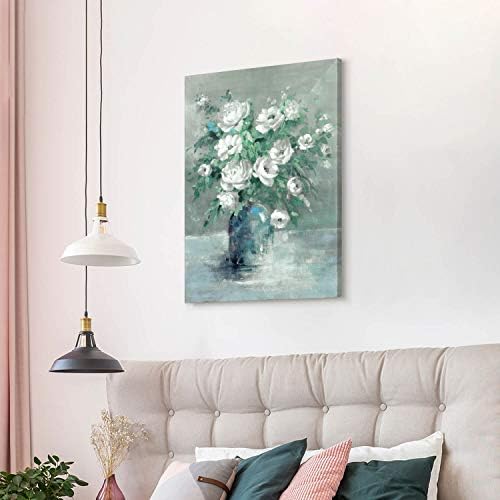UTOP-art Fehér Rózsa Wall Art Festmény: Virág, Zöld Levelekkel Vászon Kép, Kézzel Festett Mű Hivatal (36 x 24 x 1 Panel)