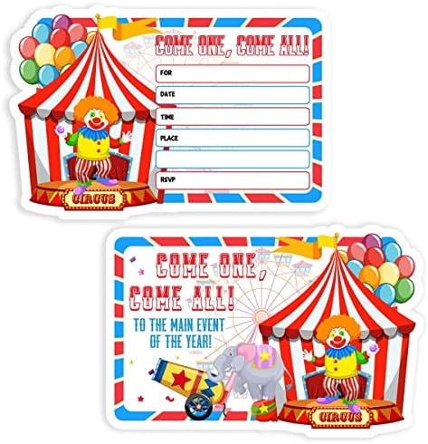 Karnevál Cirkusz Szülinapi Meghívókat kártya Gyerekeknek Borítékok, Vidámpark, Cirkusz Party Kellékek(20set）