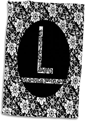 3dRose Csinos, Fekete-Fehér Virágos Monogram Levelet L Törölköző (twl-241319-3)