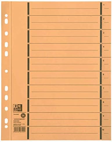 Oxford 400004666 Trennblätter aus Újrahasznosítás-Kraftkarton für DIN A4 100er Pack mit Fogazat numeriert 1-10 mit Linienaufdruck gelb Trennlaschen