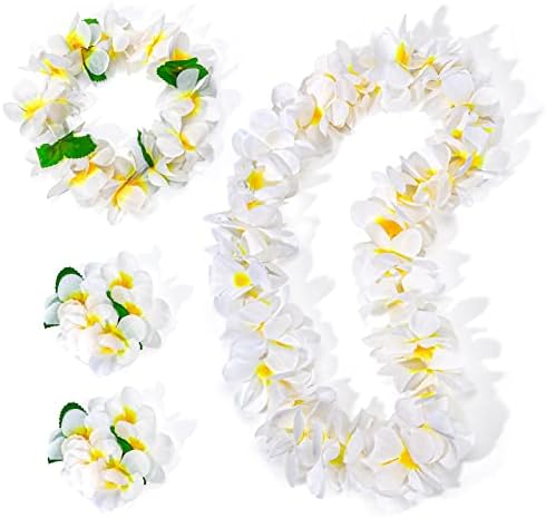LovesTown 4 DB Hawaii Lej Szett, Fehér Luau Koszorú Koszorú Hawaii Virágfüzérek Virág Fejdísz, Nyaklánc, Karkötő, Születésnapi