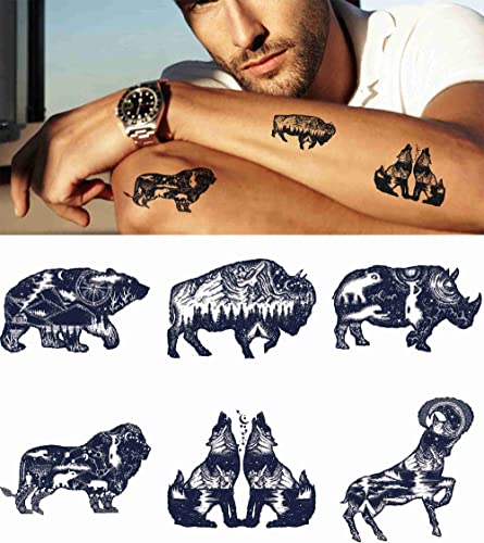 Állati 6 lap Ideiglenes Tetoválás a Felnőttek, Férfiak, Nők Orrszarvú Afrikai Szavanna Orrszarvú Bison Buffalo Bull Erdők