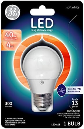 A GE Lighting 37924 LED-A15 Mennyezeti Ventilátor Izzó Közepes Alap, 4 Wattos, Puha, 1 Csomag Standard, Matt Fehér