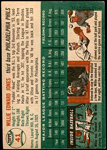 1954 Topps 41 WHT Willie Jones Philadelphia Phillies (Baseball Kártya) (Fehér Vissza) EX Phillies