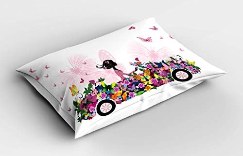Ambesonne Autók párnahuzatot, Nő a Vezetés egy Virágos Jármű Pillangók A Levegőben Női Úton Lányok Téma, Dekoratív Szabványos Méretű