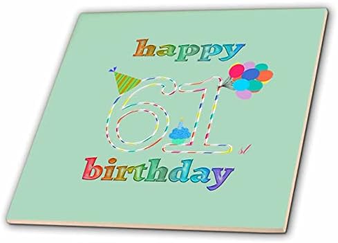 3dRose Boldog 61 Születésnapot, Süti a Gyertyát, Lufi, Kalap, Színes - Csempe (ct_351663_1)