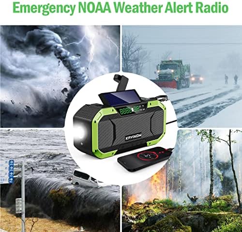 KAYINOW Sürgősségi NOAA Időjárási Figyelmeztető Rádió - Bluetooth Hangszóró, IPX5 Vízálló Kézi Hajtókar Napenergia, 5000mAh Tartalék Akkumulátor