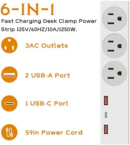 Asztal Bilincs elosztót USB-A vagy USB-s-C Port, bilincs elosztó Aljzat, 3 AC, Íróasztal Bilincs elosztó Gyors Töltő Állomás, 4.9 FT Lapos