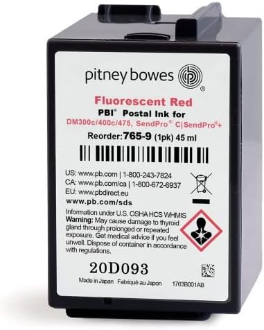 Pitney Bowes 765-9 Tintapatron a SendPro C, Auto, DM300C™ & DM400C™ Sorozat, a Vörös Tinta, 45 ml