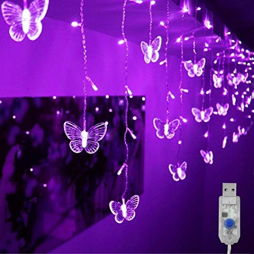 Decorman Pillangó Függöny Fények, 8 Módok 48 LED Ablak USB Vízálló Tündér Firefly Ragyogj String Fények 10 Pillangó Hálószoba Esküvő Party