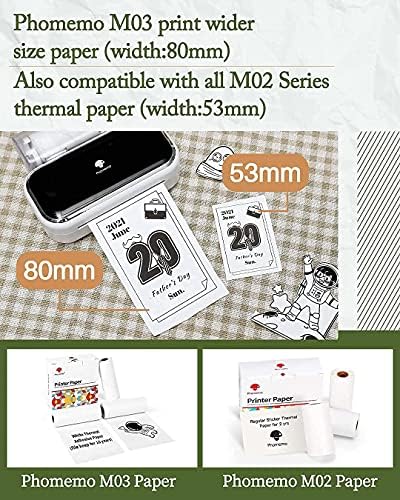 Phomemo M03 Hordozható hőnyomtató-Hordozható Nyomtató Mini Nyomtató, 3 Tekercs, Fehér, Nem-Termikus Ragasztó, Papír,80mm*8m,Fekete,