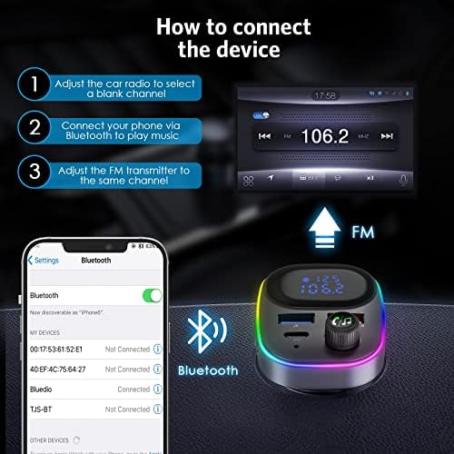 Ankilo Bluetooth FM Transmitter Autóba, Bluetooth Autós Adapter Autó, C-Típusú PD 20W+QC3.0 18W Autó gyorstöltő, 7 Színű Háttérvilágítás,