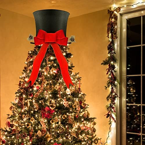 Karácsonyfa Cilinder Kalap, Nagy Fekete Bársony Dobó Derby Kalap fenyőtoboz Piros Kockás Íj Xmas Treetop Dekoráció Asztali Díszek Karácsonyra