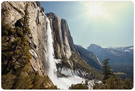 Ambesonne Yosemite Pet-Mat az Étel, a Víz, a Yosemite-Vízesés-Hegy Napsütés Alpesi Fák Drámai Természetes Vadon Táj, Téglalap Csúszásmentes