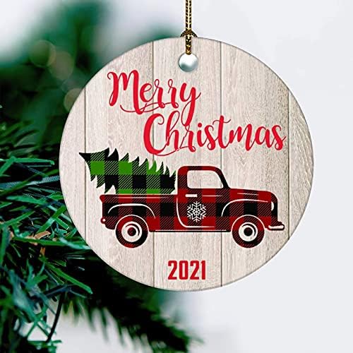 Boldog Karácsonyt 2021 Szuvenír Kerámia Díszek Piros Autó & karácsonyfa 3x3 Centis Kétoldalas Nyomtatás Kerek karácsonyfa Dekoráció