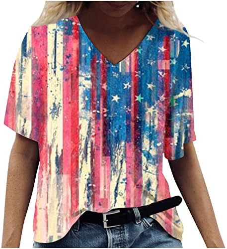 Rövid Ujjú póló Női Amerikai Zászló. július 4. Grafikus V Nyakú Top, Alkalmi Blúzok, Ingek, Kényelmes Hivatalos póló