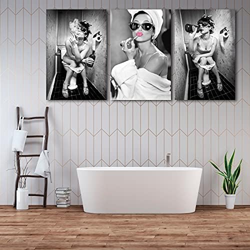 3 Darab Fürdőszoba Decor Vászon Wall Art - Rózsaszín Ajkak Hepburn Szexi Nők A Wc-Képek Vászon Nyomatok Haza, Fali Dekor, Vicces, Fekete-Fehér