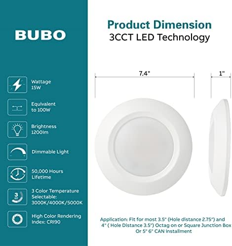 BUBO 5 Inch/6 Hüvelyk CCT Választható Lemez Fény, CRI90, 1200LM, 15W=100W, Fali Kapcsoló CCT Változó Beépíthető, 3000K/4000K/5000K Szabályozható