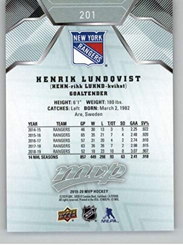 2019-20 Felső szint MVP Jégkorong 201 Henrik Lundqvist, a New York Rangers Hivatalos NHL Kereskedelmi Kártyát UD