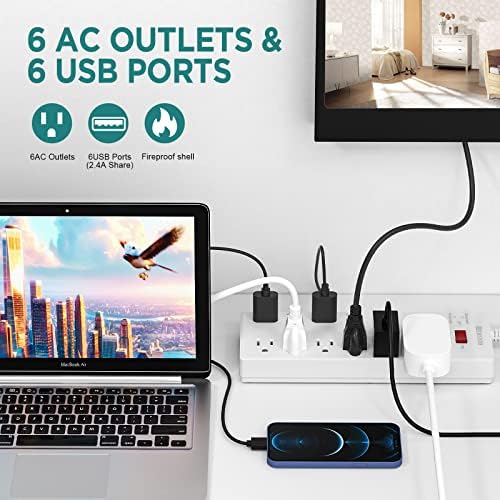 Túlfeszültségvédő elosztó 6 Üzletek, 6 USB Töltő Port & Hosszabbító Kábel Csere Férfi tápkábel