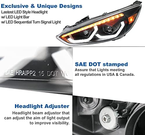 ZMAUTOPARTS LED Cső Szekvenciális Jel Vetítő Fényszórók Fekete Kompatibilis 2015-2018 Ford Focus S/SE/ST