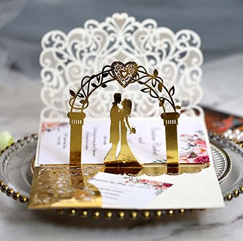 10sets 3D felugró Menyasszony Meg a Vőlegény Fehér Esküvői Meghívó Lézerrel Vágott Zseb Virág Eljegyzési Meghívókat a Borítékot & Belső Papír
