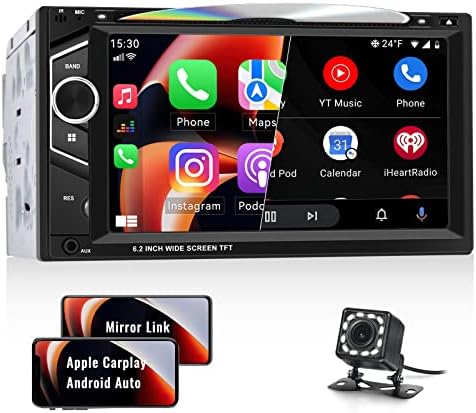 Dupla Din autórádió CD/DVD Lejátszó Apple Carplay Android Auto, 6.2 Érintőképernyő Bluetooth Car Audio Vevő Tükör Link, HiFi, EQ,