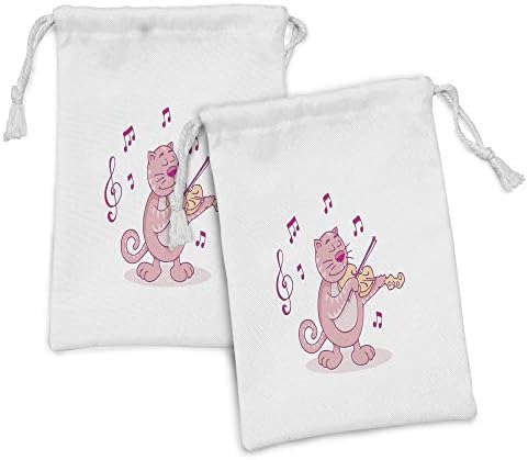 Lunarable Állati Szövet táska 2, Kövér Macskával Játszó Hegedű Zene Témájú Karikatúra Hegedűs Állat, Kis Zsinórral Táska Pipere