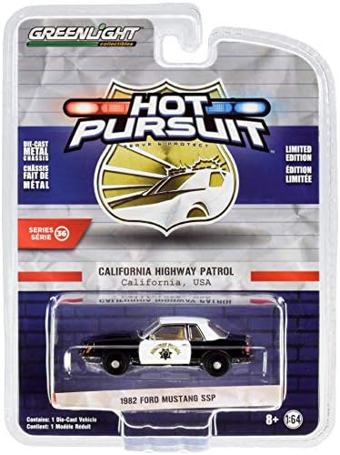 1982 Ford Mustang SSP Fekete-Fehér CHP California Highway Patrol Hot Pursuit Sorozat 36 1/64 Fröccsöntött Modell Autó Greenlight