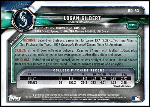 Bowman 2018-Tervezet BD-63 Logan Gilbert Seattle Mariners Baseball