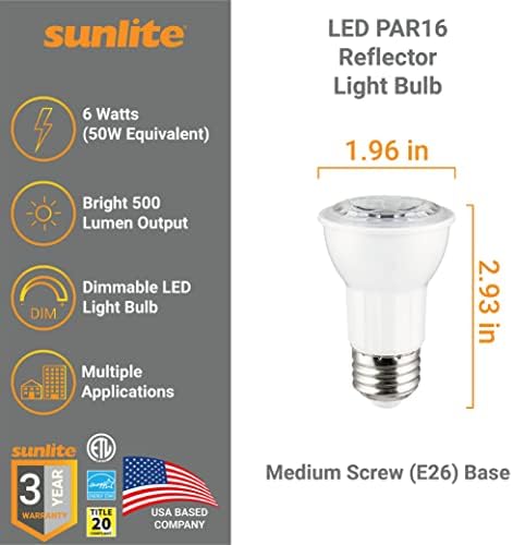 Sunlite 41803 LED PAR16 Reflektor Izzó, 6 Watt (50W=), 500 Lumen, Közepes E26 Bázis, Szabályozható, Öntött, 90 CRI, Energy Star, ETL Felsorolt,
