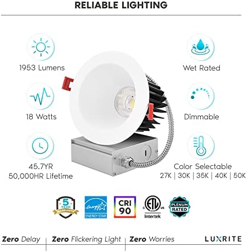 LUXRITE 4 Hüvelykes LED Süllyesztett Világítás csatlakozó Doboz, 18W, CRI 90, 5 Szín Választható 2700K-5000K, 1500 Lumen,