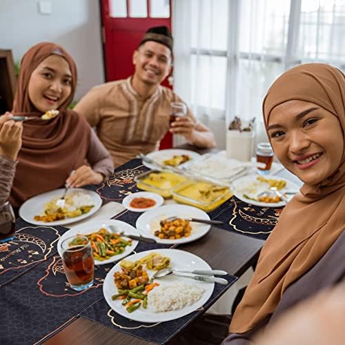 7 Darab Eid Mubarak asztali Futó, illetve Placemats Ramadan asztali Futó Táblázat Szőnyeg Arany Csillag, Hold Eid Al-Fitr Ramadan