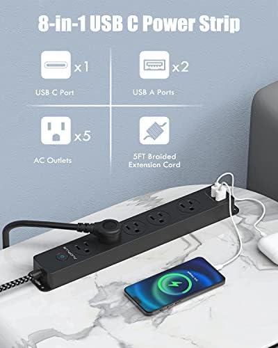 Túlfeszültségvédő elosztó USB C Port, 5 Üzletekben 3 USB Port(1 USB-C), 5FT Fonott Hosszabbító Több Üzletek, Csatlakoztatható