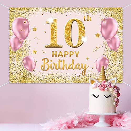 PAKBOOM Boldog 10. Születésnapi Hátteret Banner - 10 Születésnapi Party Dekorációk, Kellékek Lányoknak - Arany, Rózsaszín 3.9