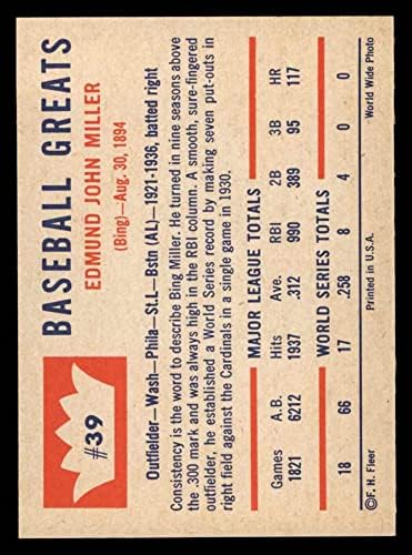 1960 Fleer 39 Bing Miller Philadelphia Atlétika (Baseball Kártya) NM/MT Atlétika
