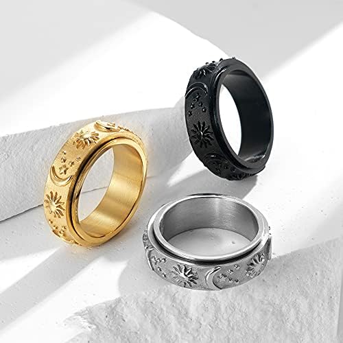 nylry Titán Rozsdamentes Fidget Gyűrű, 8 mm-es Hold, Csillag, Nap Tárcsa Gyűrű Ezüst, Arany, Fekete stresszoldó Szorongás Gyűrű Széles