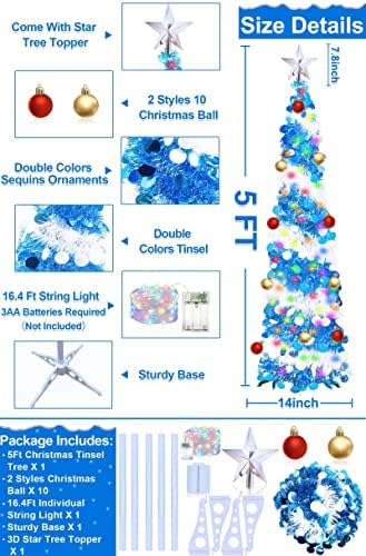 TURNMEON 5 Ft felugró Csillogó karácsonyfa Díszítés Időzítő 50 Színes Fények 3D-s Star 10 Golyó Dísz Flitterekkel elemes Mesterséges