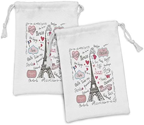 Ambesonne Eiffel-Torony Szövet táska 2, Párizs Betűkkel Szív alakú Zászló Díszes Vázlatos Doodle, Kis Zsinórral Táska Pipere Maszkokat,