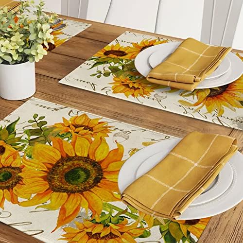 Seliem Nyáron Napraforgó Placemats Készlet 4, Sárga Virág, Virágok Rusztikus Klasszikus Étkező Asztal tányéralátétek, Eukaliptusz