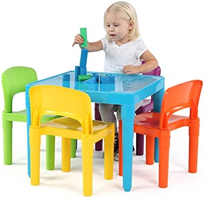 Szerény Legénység, Kék Asztal & Vörös/Zöld/Sárga/Lila Gyerekek Könnyű Műanyag Asztal, 4 Szék Szett, Szögletes