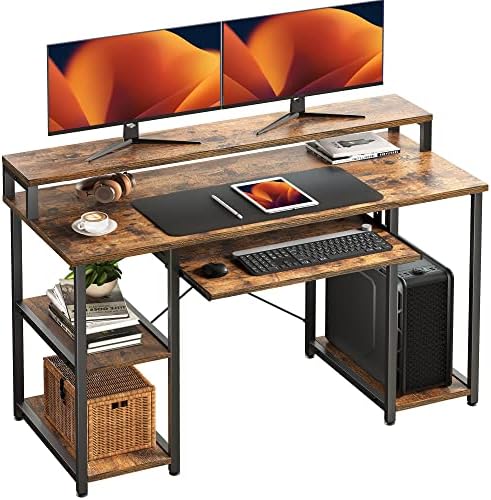 NOBLEWELL Számítógép Asztal a Tároló Polcok, 47 inch Otthoni Irodai Íróasztal, Monitor Állvány, Íróasztal Táblázat a Billentyűzet Tálca (Rusztikus
