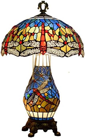 Tiffany Stílusban Festett Üveg asztali Lámpa 40CM Festett Üveg asztali Lámpa Kreatív Kék Szitakötő Nappali ágy mellett, asztali Lámpa Retro