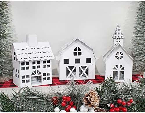 AuldHome Parasztház Karácsonyi Falu Gyűjtemény 2 a Templom, Pajta, valamint az Iskolai Szett (3, Fehér); Gyertya, Lámpás Dekoratív Karácsonyi
