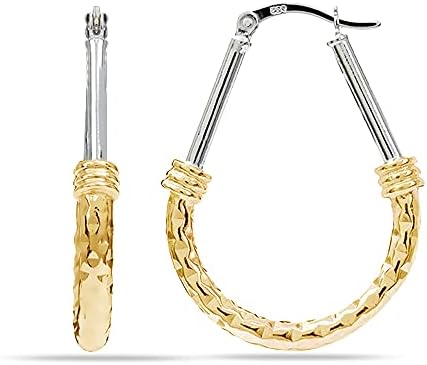 LeCalla 925 Sterling Ezüst 14K Aranyozott kétszínű Gyémánt-Vágott Textúra Klasszikus olasz Design Csepp Alakú, Ovális Női Karika Fülbevaló